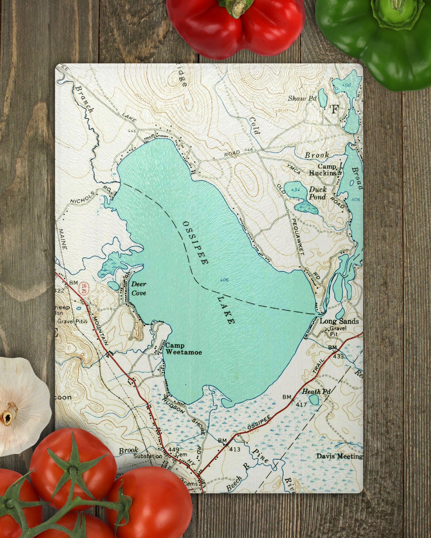 Ossipee Lake New Hampshire Vintage Map Glass Cutting Board