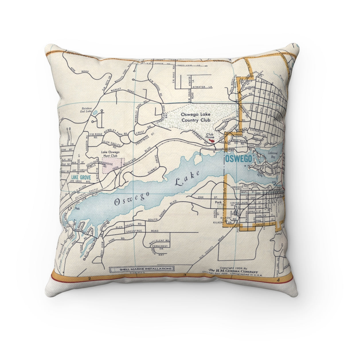Oswego Lake Oregon vintage map pillow