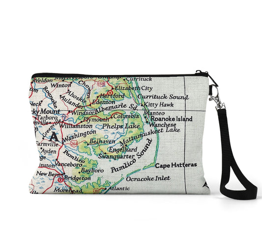 Outer Banks North Carolina map wristlet travel pouch