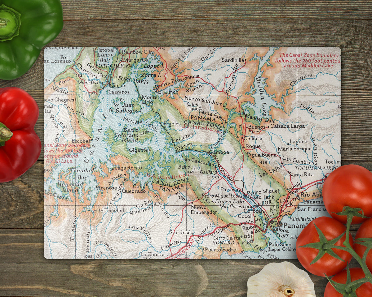 Panama Canal Vintage Map Glass Cutting Board | Travel Gift