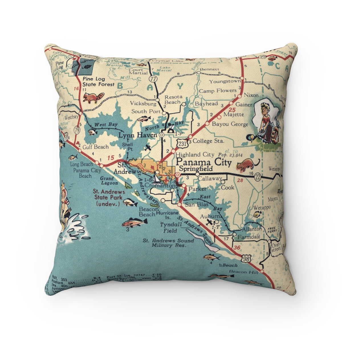 Panama City Florida vintage map pillow