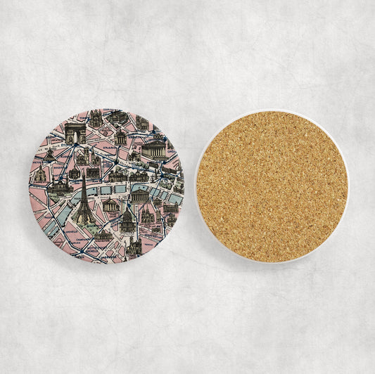 Paris France Map Coasters | Set of 4 Vintage Paris France Drink Coasters | Travel-Inspired Home Decor