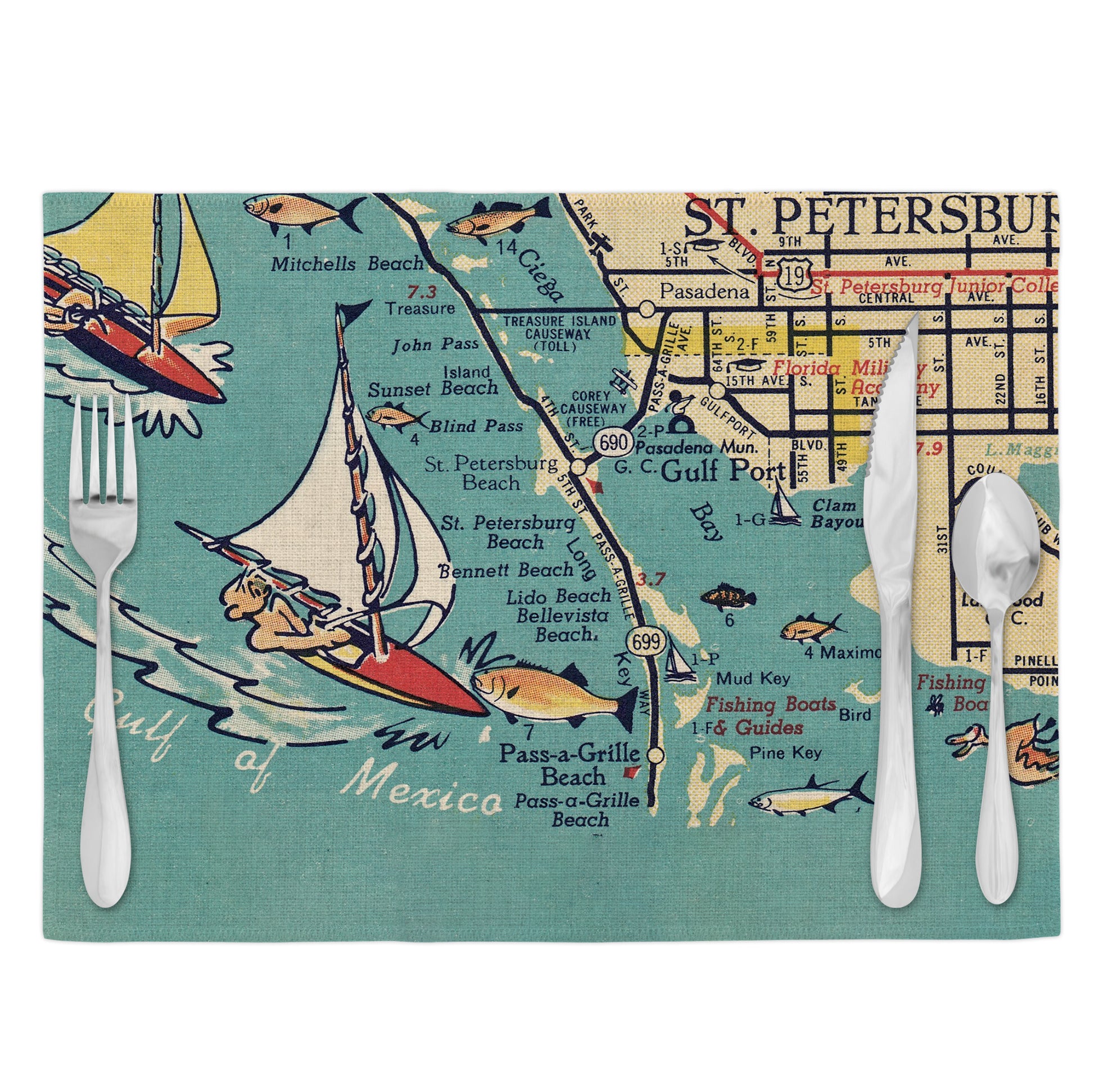 Pass-a-Grille Beach Florida Vintage Map Placemats Set of 4