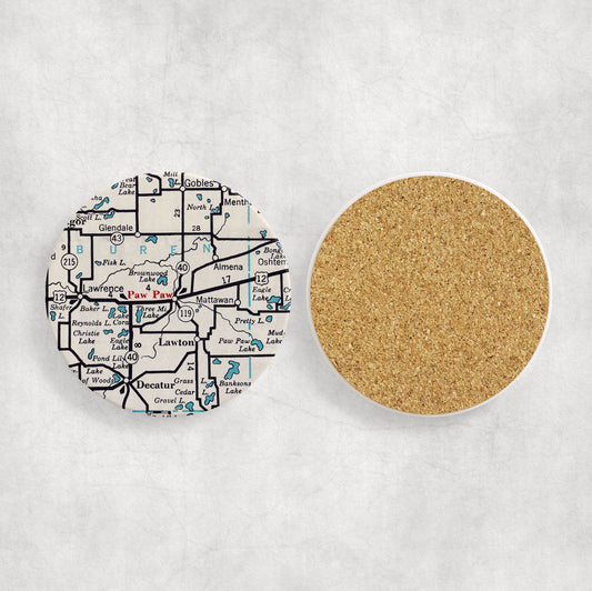 Paw Paw Michigan Map Coasters | Set of 4 Vintage Paw Paw Michigan Drink Coasters | Travel-Inspired Home Decor