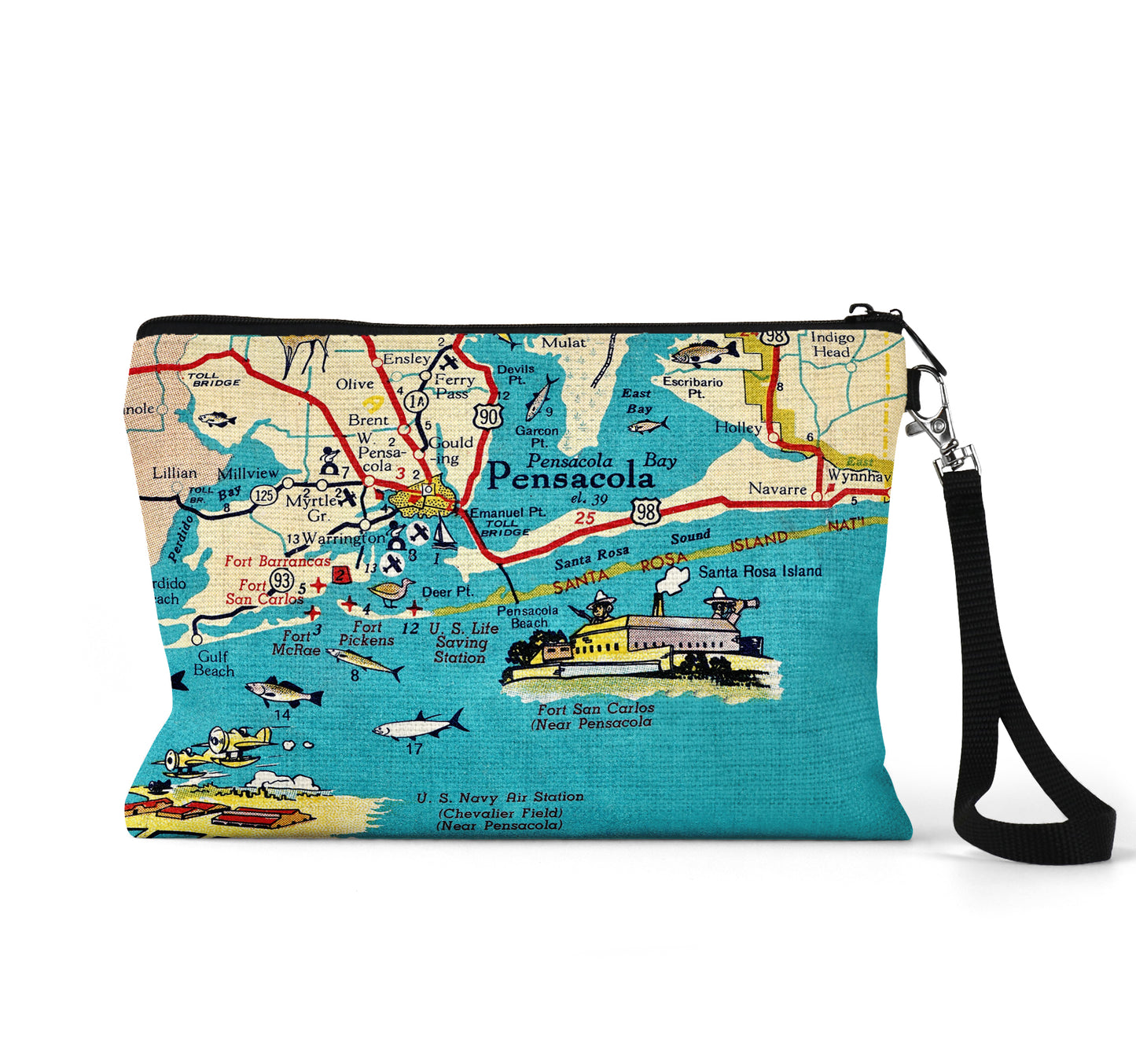 Pensacola Florida map wristlet travel pouch
