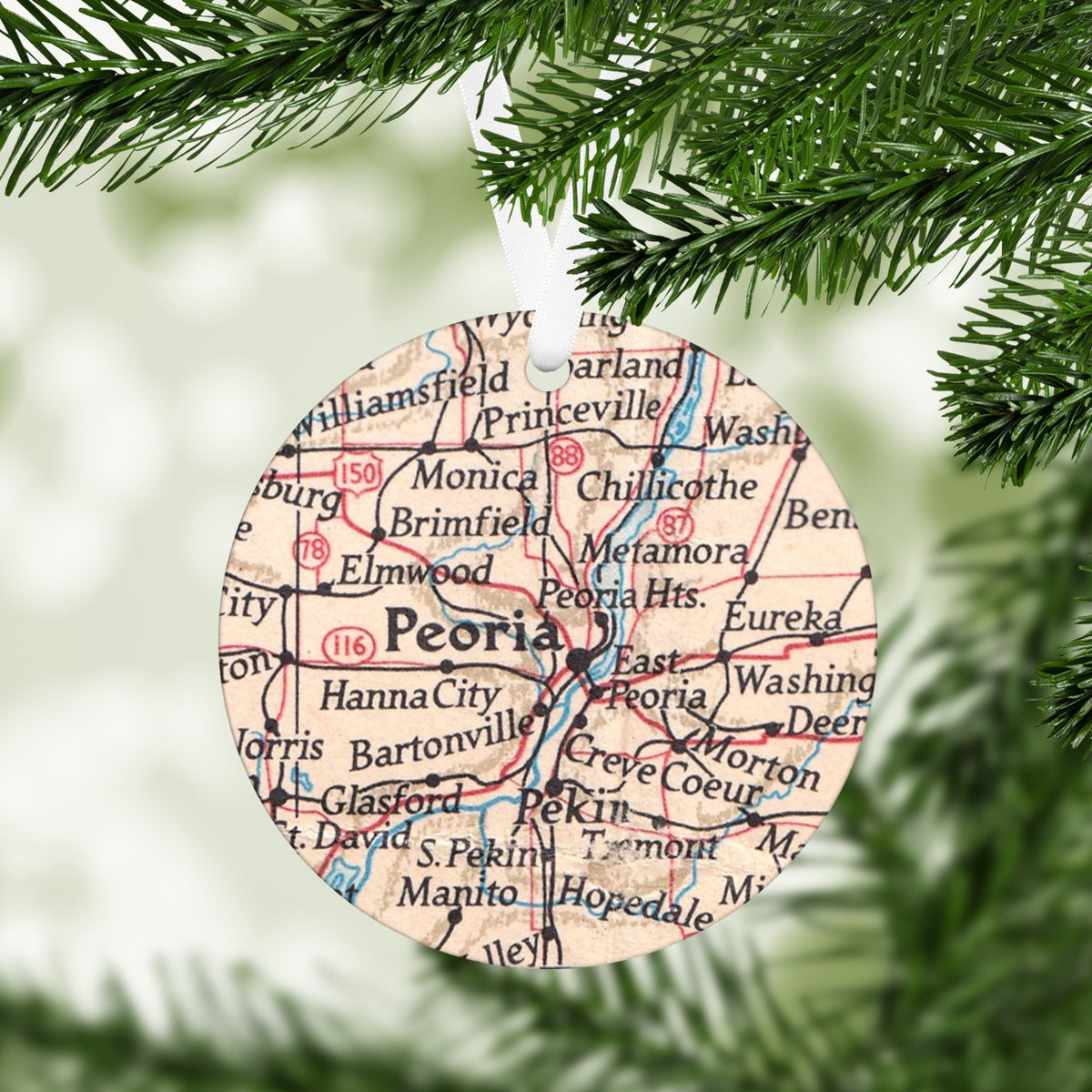 Peoria Illinois Vintage Map Ornament | Peoria Illinois Travel Christmas Ornament