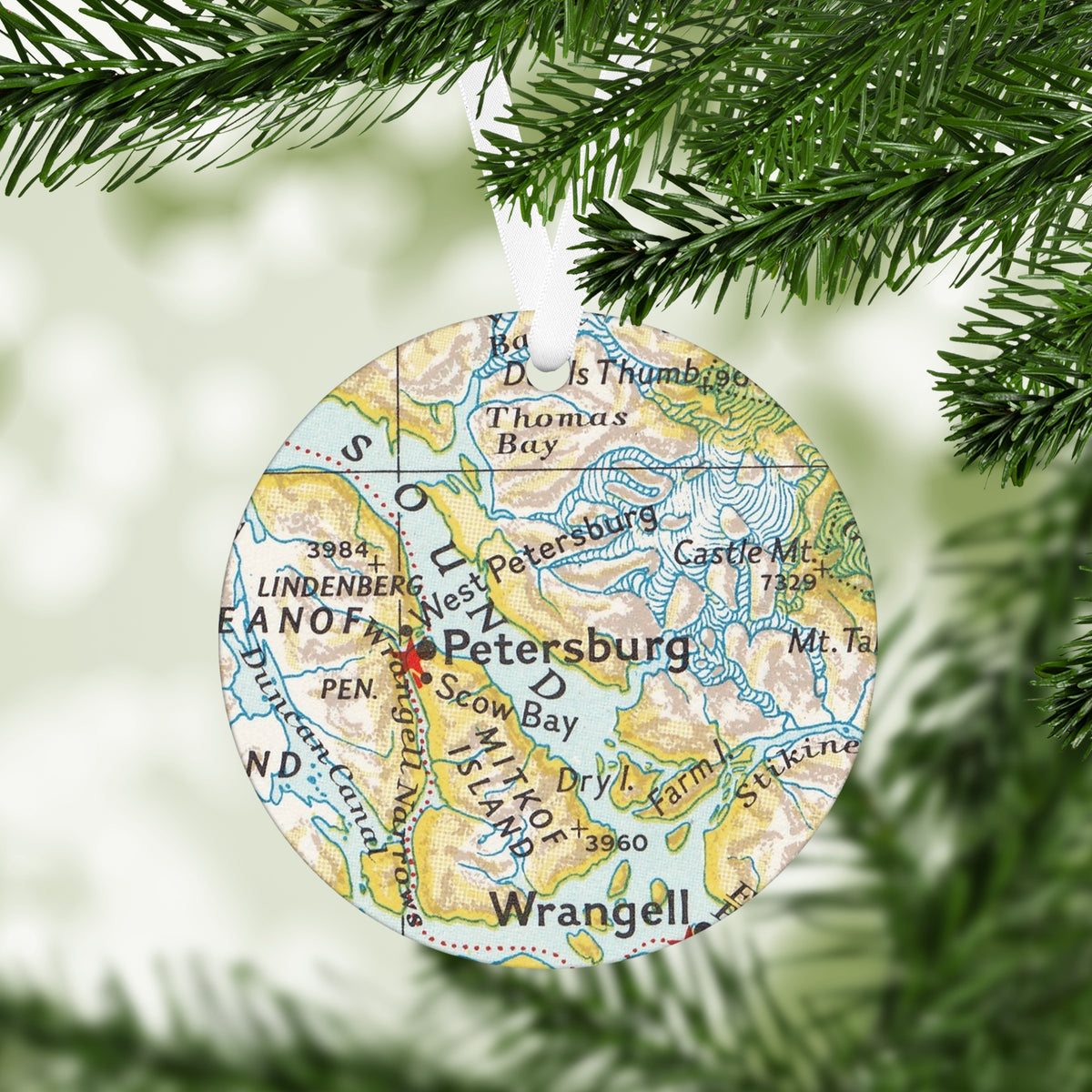 Petersburg Alaska Vintage Map Ornament | Petersburg Alaska Travel Christmas Ornament