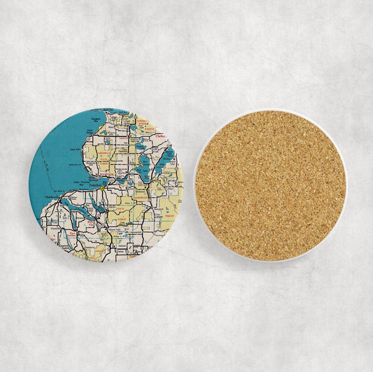 Petoskey Michigan Map Coasters | Set of 4 Vintage Petoskey Michigan Drink Coasters | Travel-Inspired Home Decor