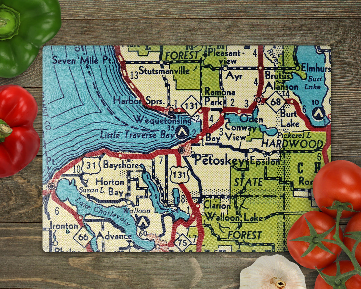 Petoskey Michigan Vintage Map Cutting Board Charcuterie