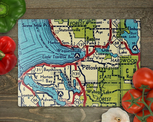 Petoskey Michigan vintage map glass cutting board