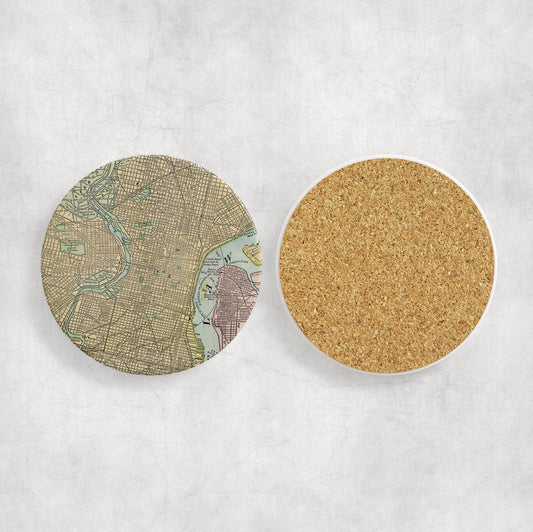 Philadelphia Pennsylvania Map Coasters | Set of 4 Vintage Philadelphia Pennsylvania Drink Coasters | Travel-Inspired Home Decor