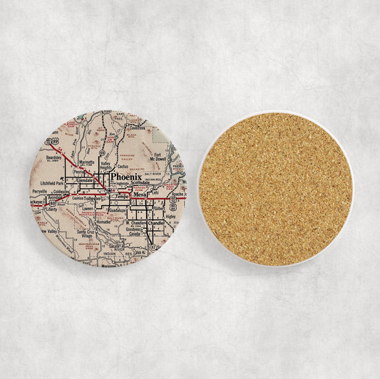 Phoenix Arizona Map Coasters | Set of 4 Vintage Phoenix Arizona Drink Coasters | Travel-Inspired Home Decor