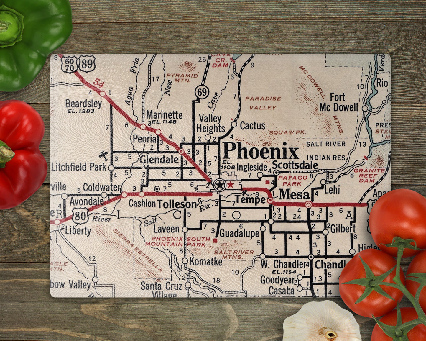 Phoenix Arizona Vintage Map Glass Cutting Board