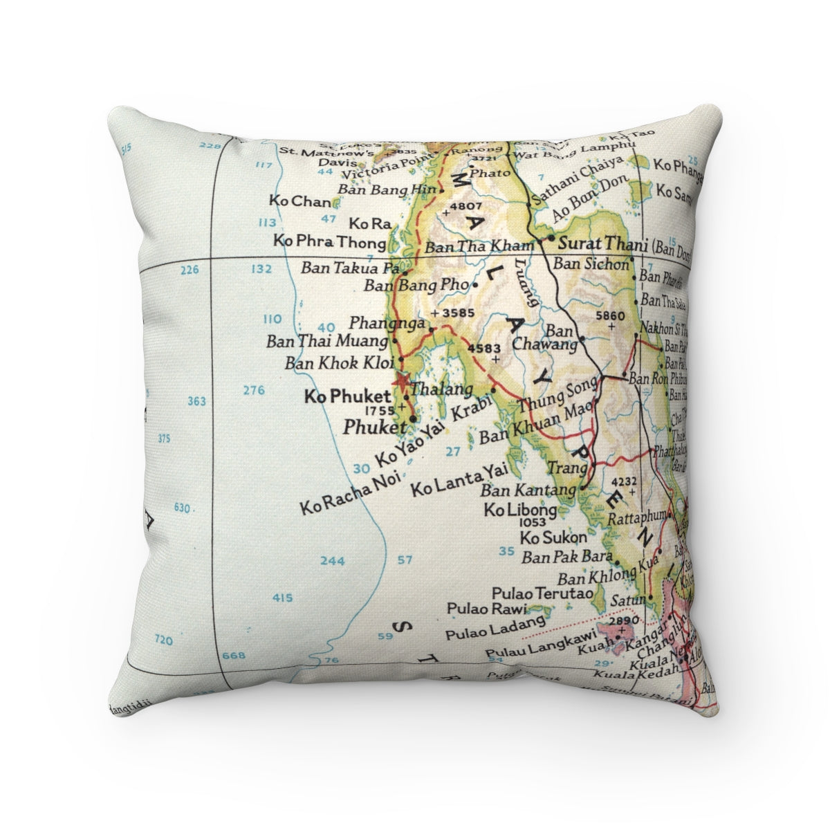 Phuket Thailand vintage map pillow