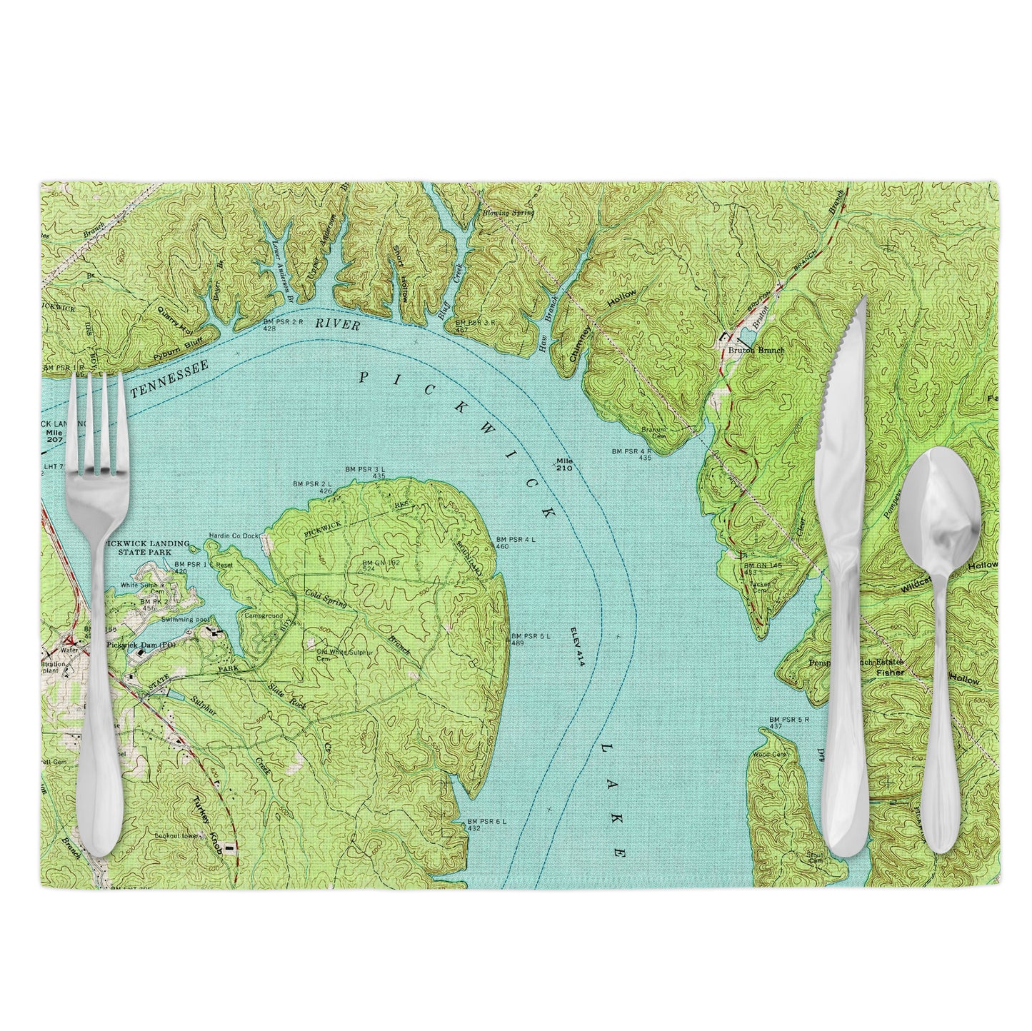 Pickwick Lake Dam Tennessee Vintage Map Placemats Set of 4