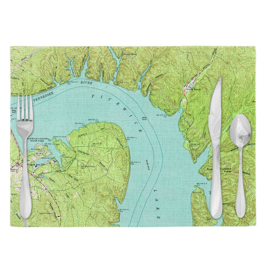 Pickwick Lake Dam Tennessee Vintage Map Placemats Set of 4
