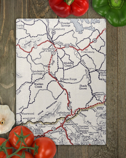 Pigeon Forge Tennessee vintage map glass cutting board
