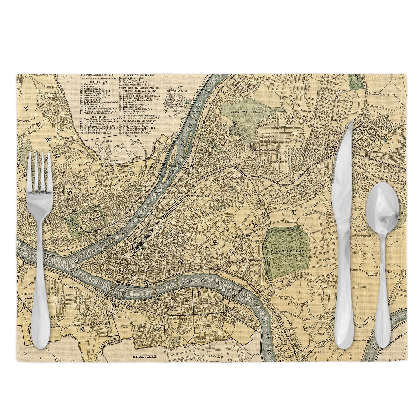 Pittsburgh Pennsylvania Vintage Map Placemats Set of 4