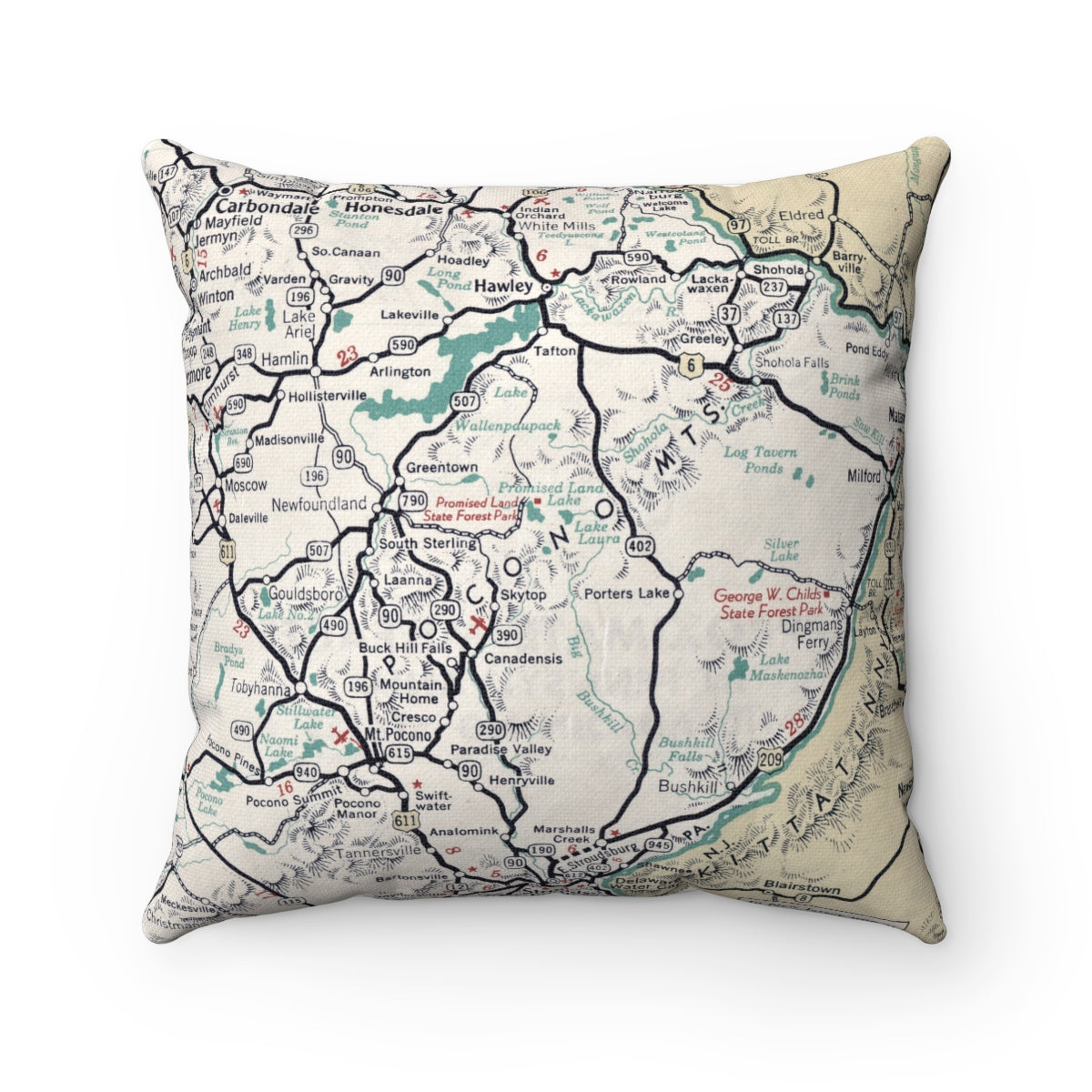 Pocono Mountains vintage map pillow