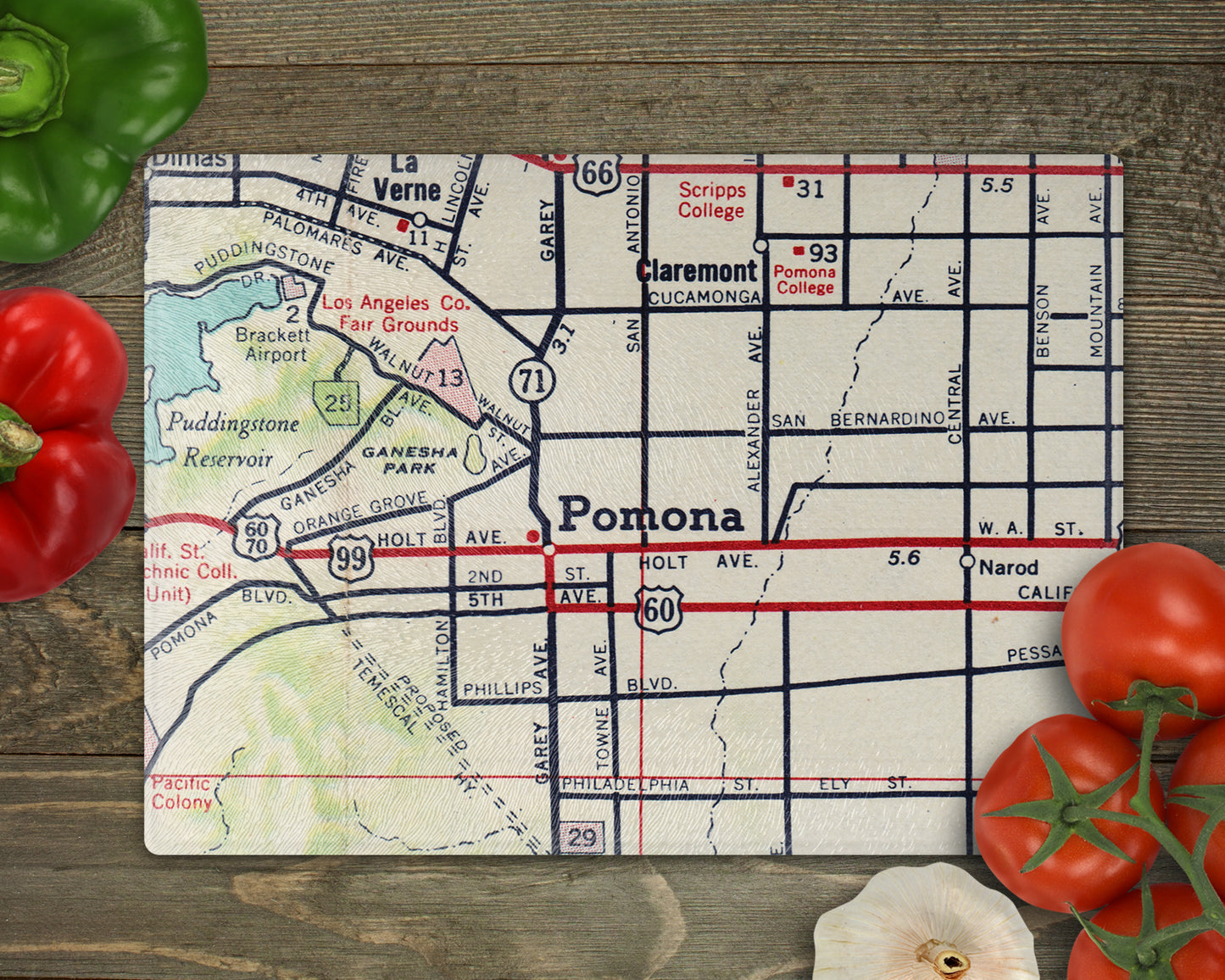 Pomona California Vintage Map Glass Cutting Board Charcuterie
