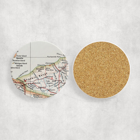 Porcupine Mountains Michigan Map Coasters | Set of 4 Vintage Porcupine Mountains Michigan Drink Coasters | Travel-Inspired Home Decor