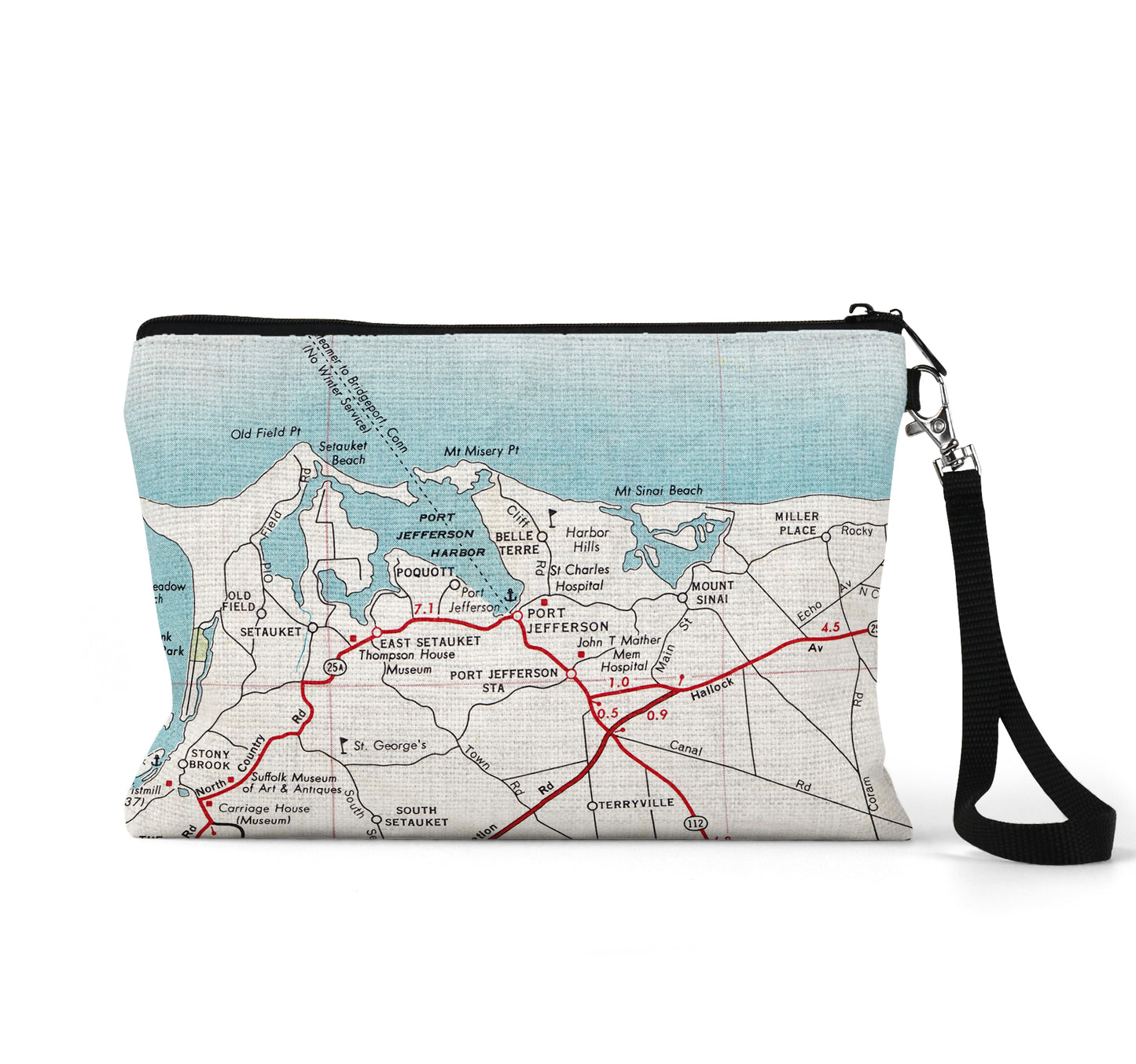 Port Jefferson New York map wristlet travel pouch