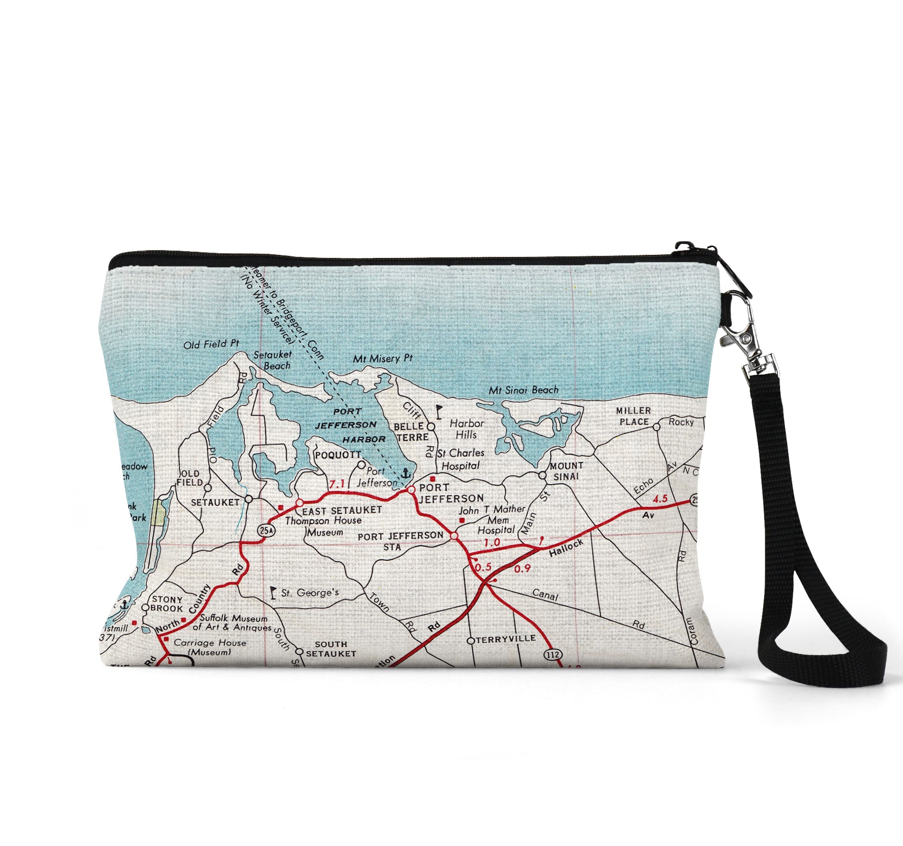Port Jefferson New York map wristlet travel pouch