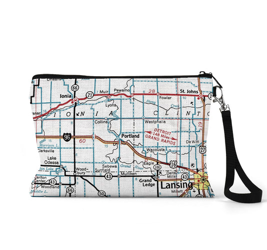 Portland Michigan map wristlet travel pouch