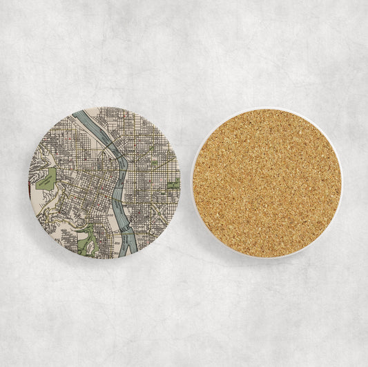 Portland Oregon Map Coasters | Set of 4 Vintage Portland Oregon Drink Coasters | Travel-Inspired Home Decor