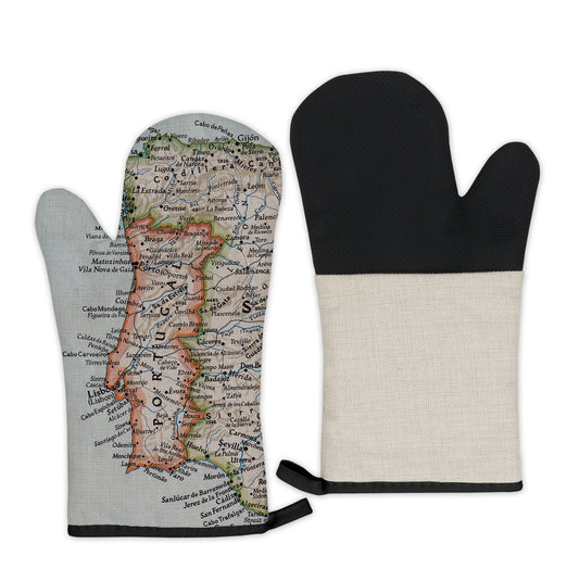 Front and back of a Portugal vintage map oven mitt with Lisbon and Porto on the map side and a black silicone grip on the reverse