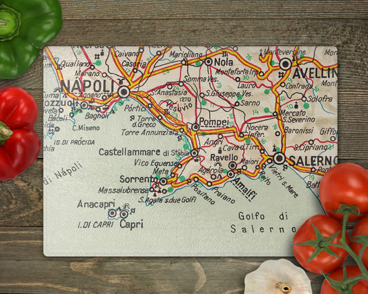 Positano Italy Glass Cutting Board | Amalfi Coast Map Kitchen Decor | Coastal Italian Gift