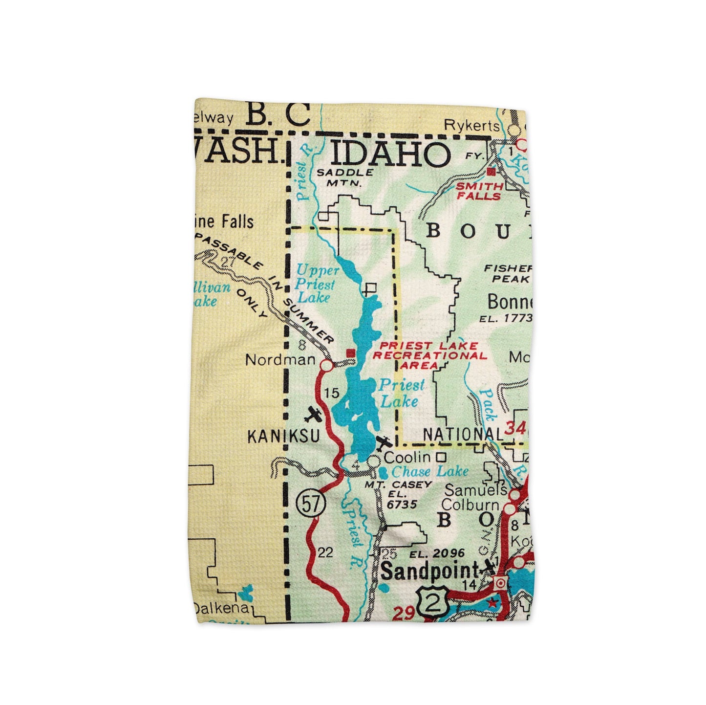 Priest Lake Idaho Map Tea Towel | Waffle-Weave Kitchen Towel Gift