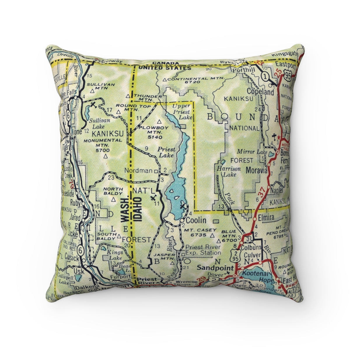 Priest Lake Idaho vintage map pillow