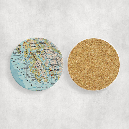 Prince of Wales Island Alaska Map Coasters | Set of 4 Vintage Prince of Wales Island Alaska Drink Coasters | Travel-Inspired Home Decor