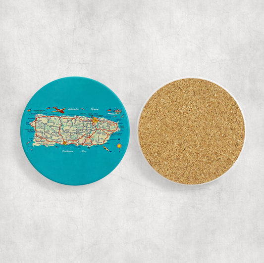 Puerto Rico Map Coasters | Set of 4 Vintage Puerto Rico Drink Coasters | Travel-Inspired Home Decor