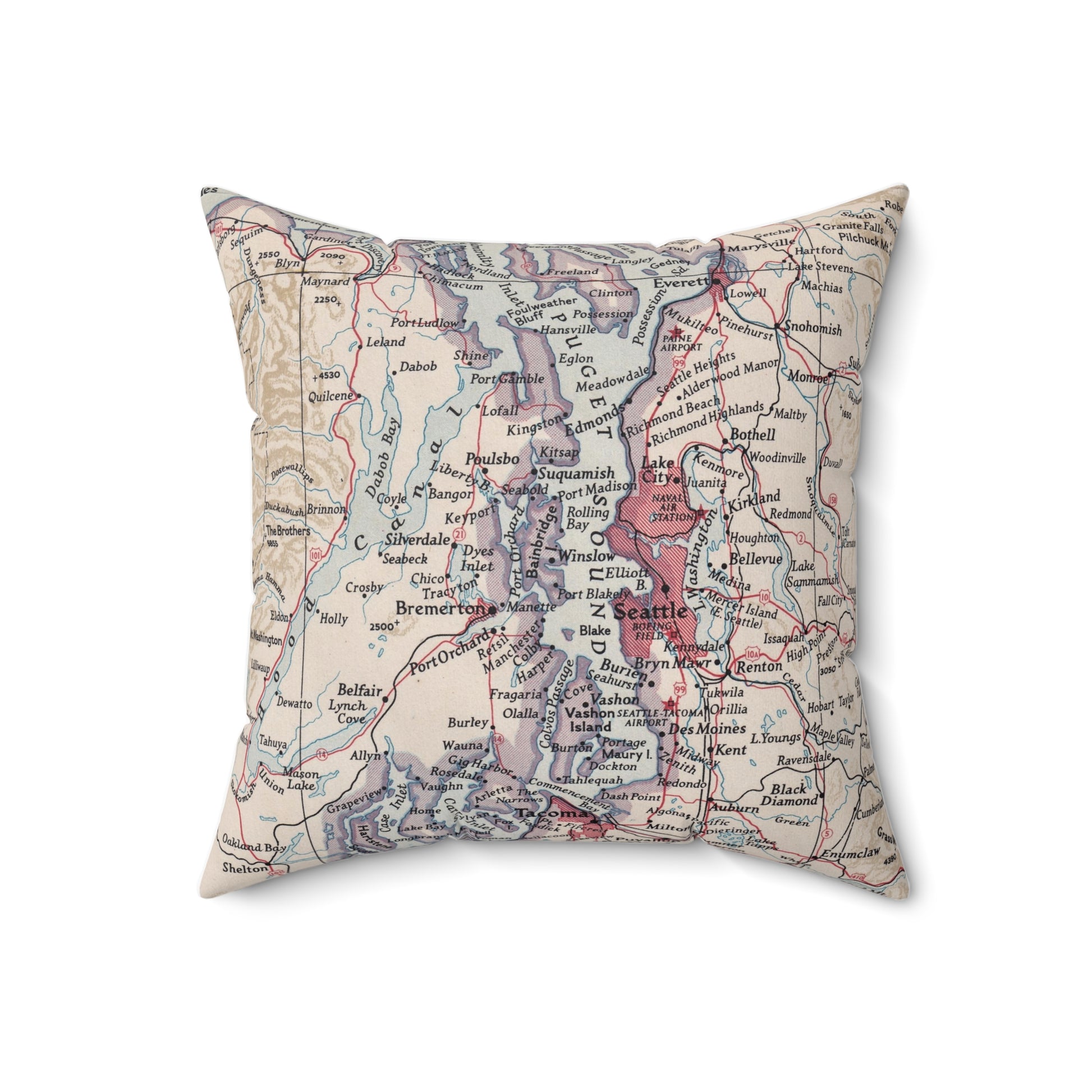 Puget Sound Washington vintage map pillow