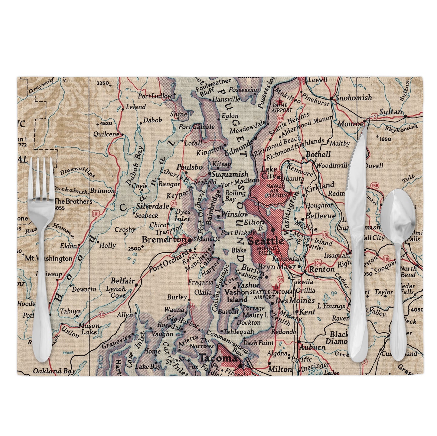 Puget Sound Washington Vintage Map Placemats Set of 4