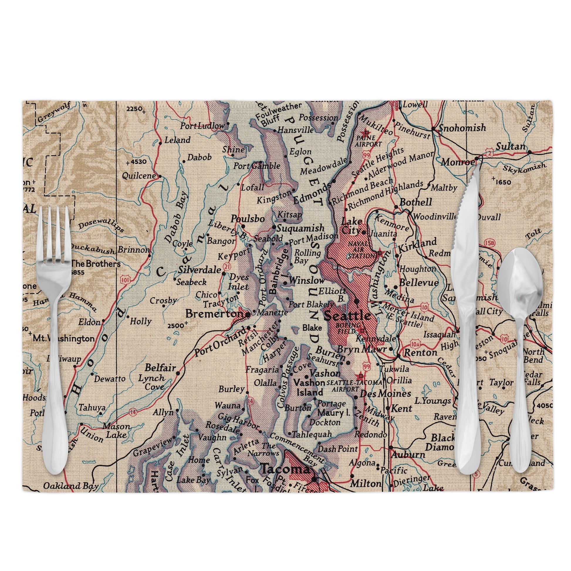 Puget Sound Washington Vintage Map Placemats Set of 4