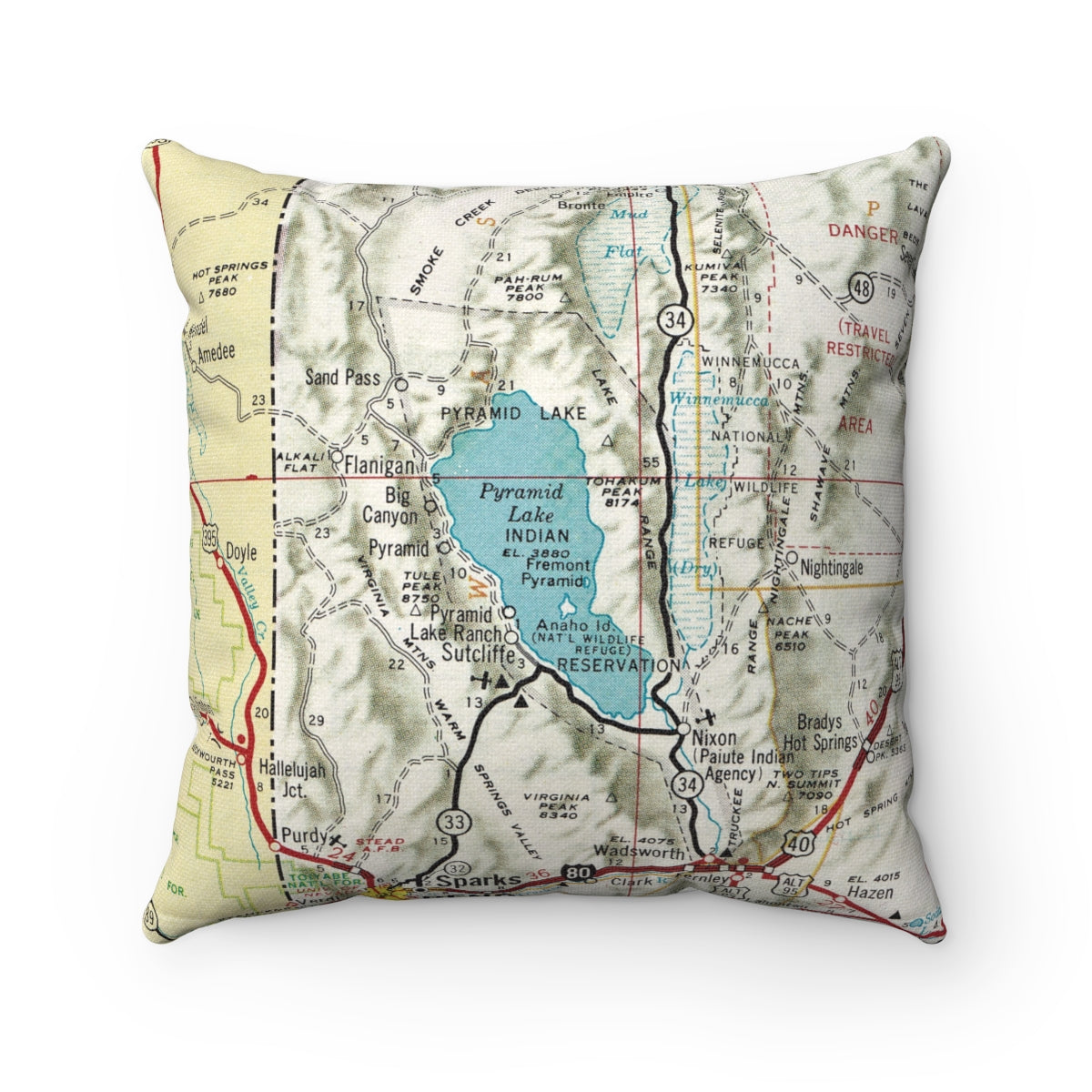 Pyramid Lake Nevada vintage map pillow