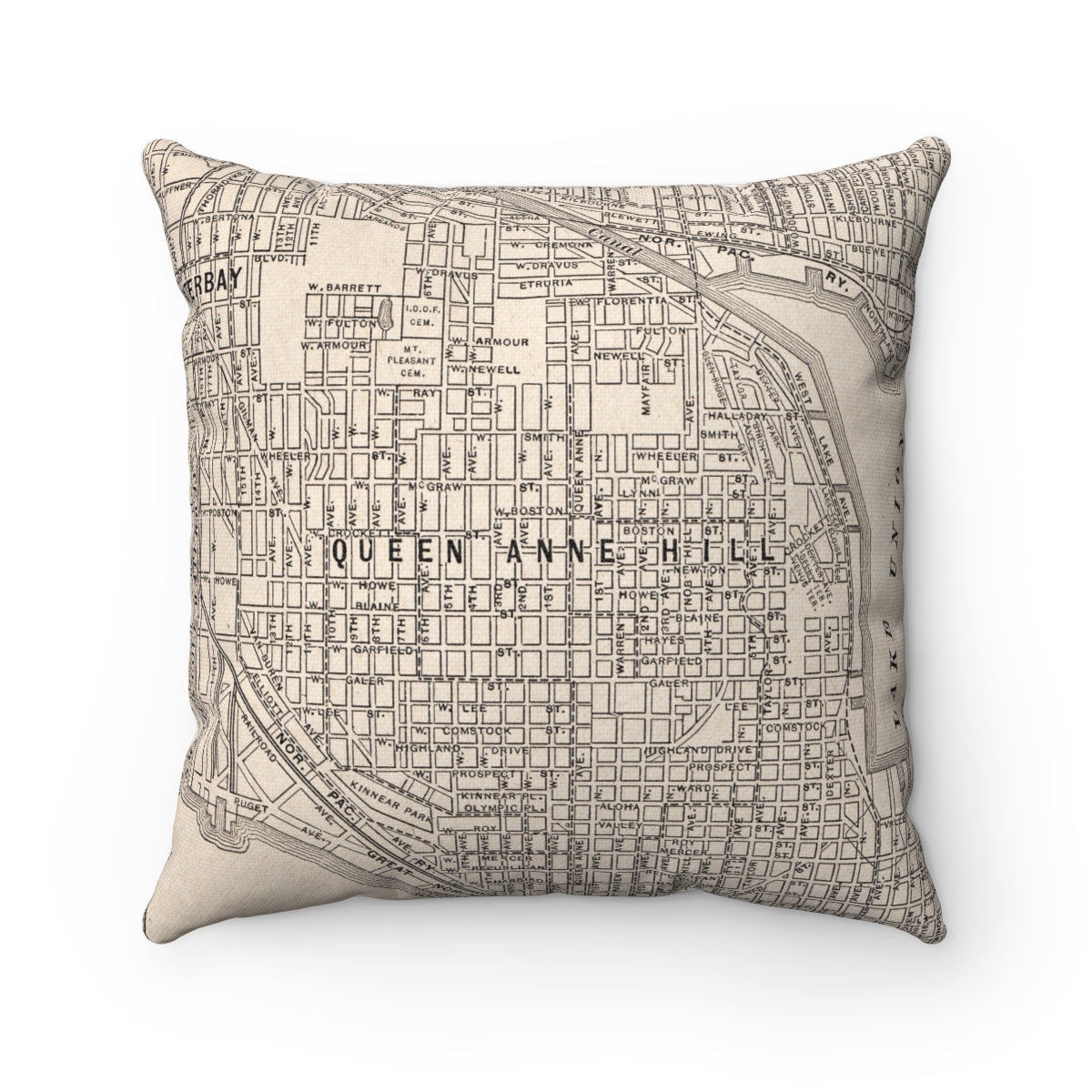 Queen Ann Hill Seattle vintage map pillow
