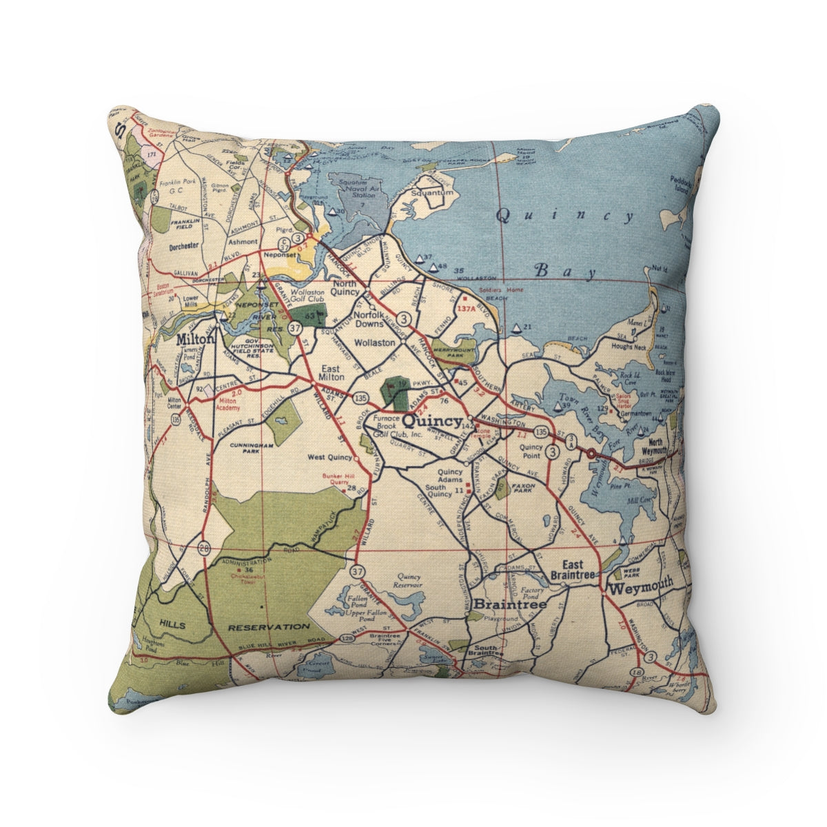 Quincy Massachusetts vintage map pillow