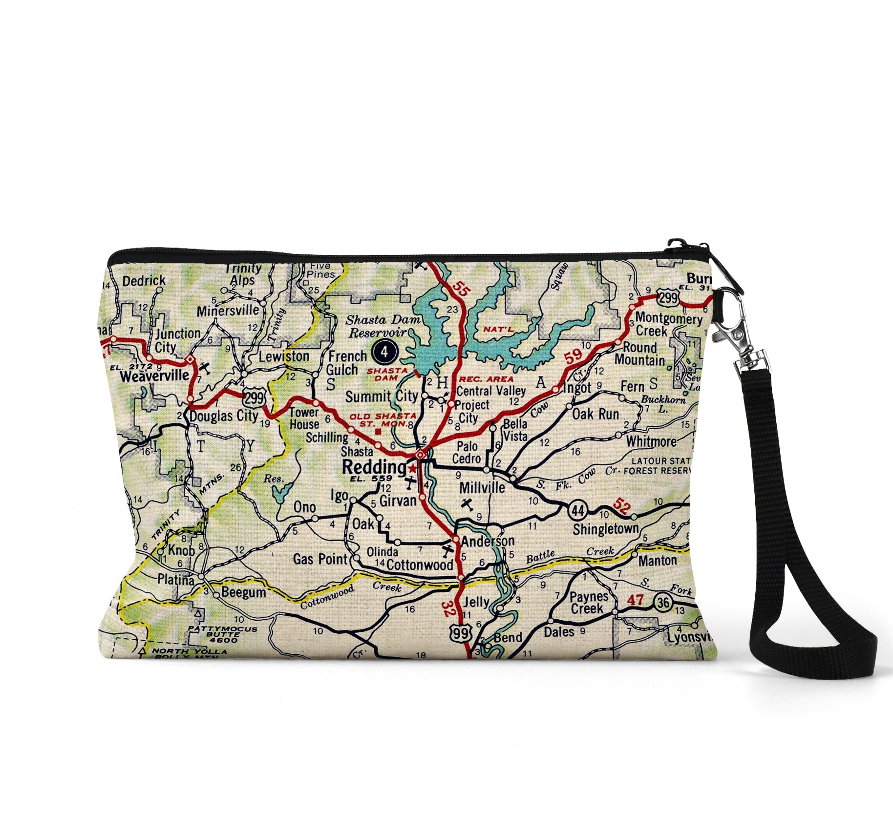 Redding California map wristlet travel pouch