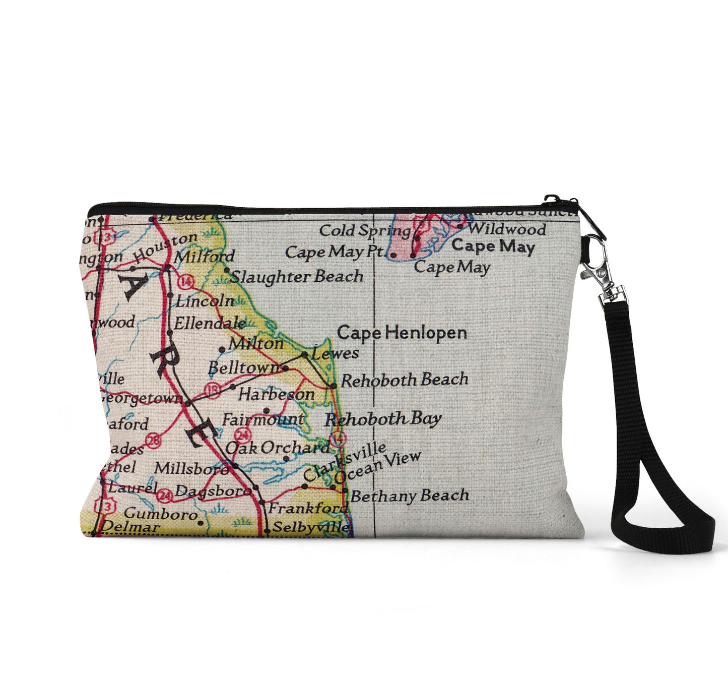 Rehoboth Beach Delaware map wristlet travel pouch