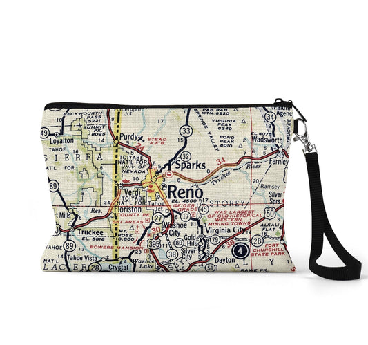 Reno Nevada map wristlet travel pouch