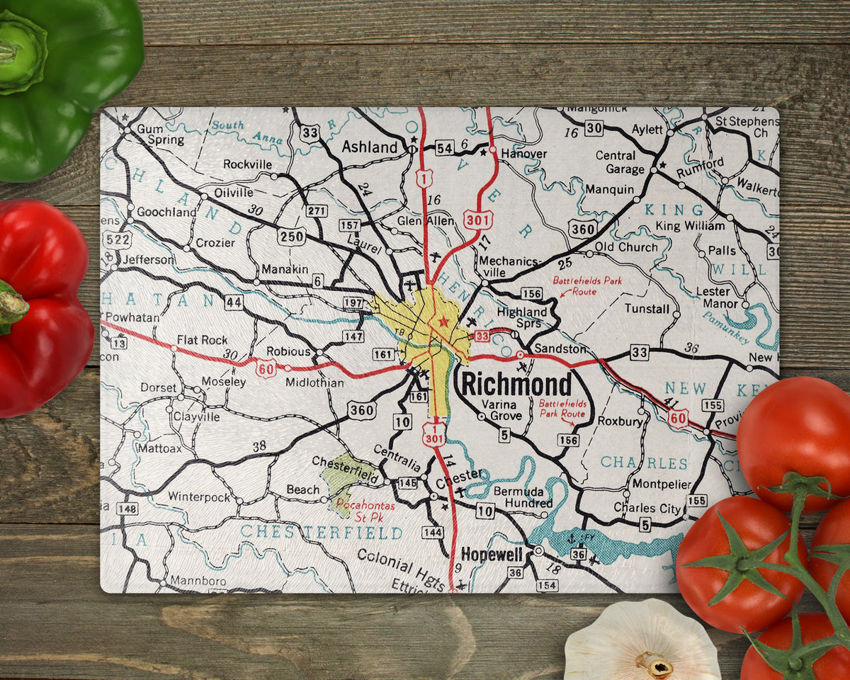 Richmond Virginia Vintage Map Glass Cutting Board