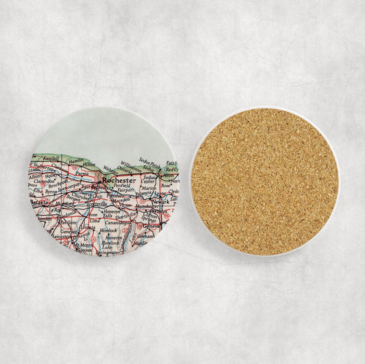 Rochester New York Map Coasters | Set of 4 Vintage Rochester New York Drink Coasters | Travel-Inspired Home Decor