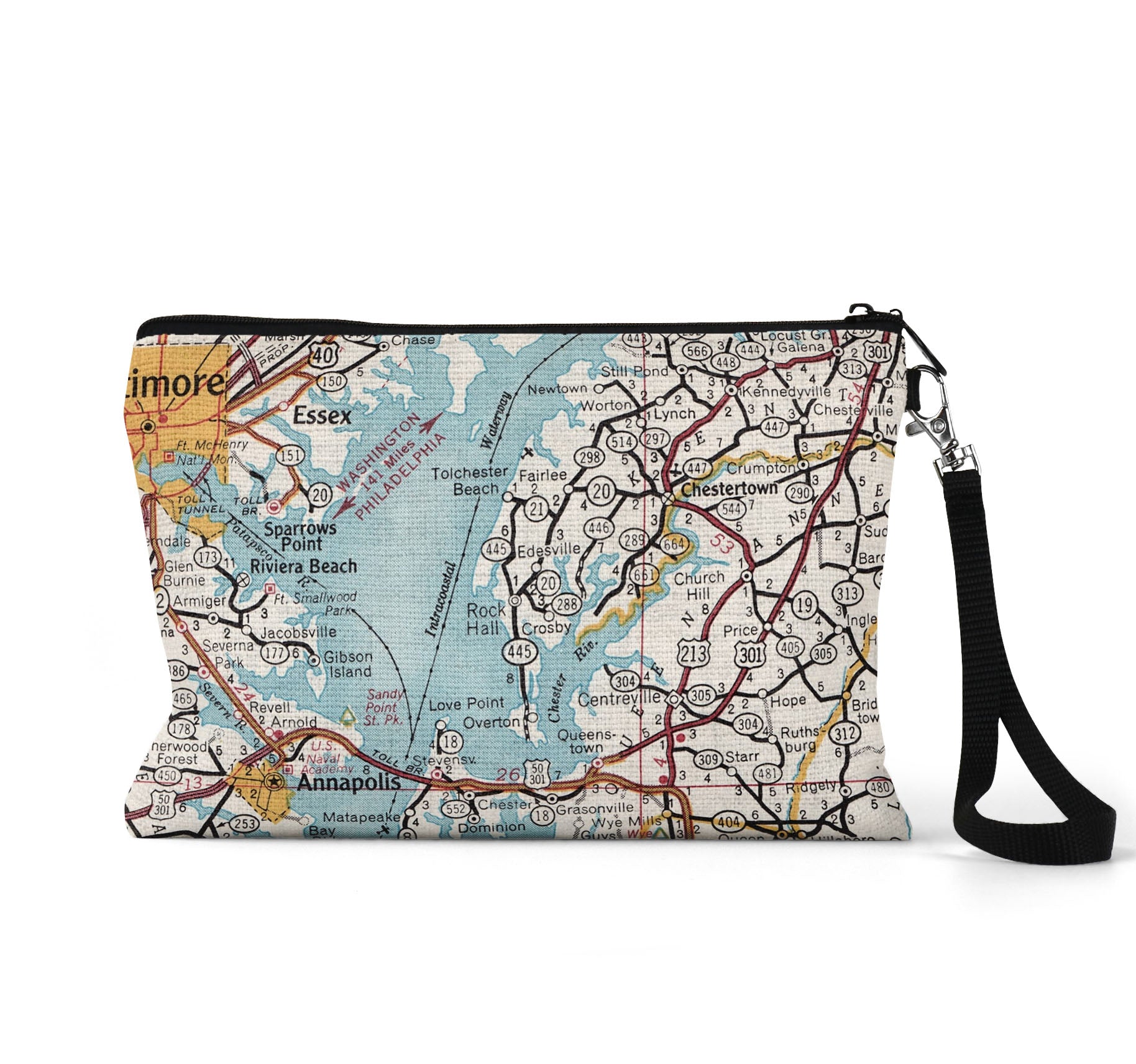 Rock Hall Maryland map wristlet travel pouch