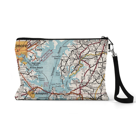 Rock Hall Maryland map wristlet travel pouch