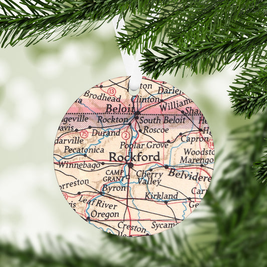 Rockford Illinois Vintage Map Ornament | Rockford Illinois Travel Christmas Ornament