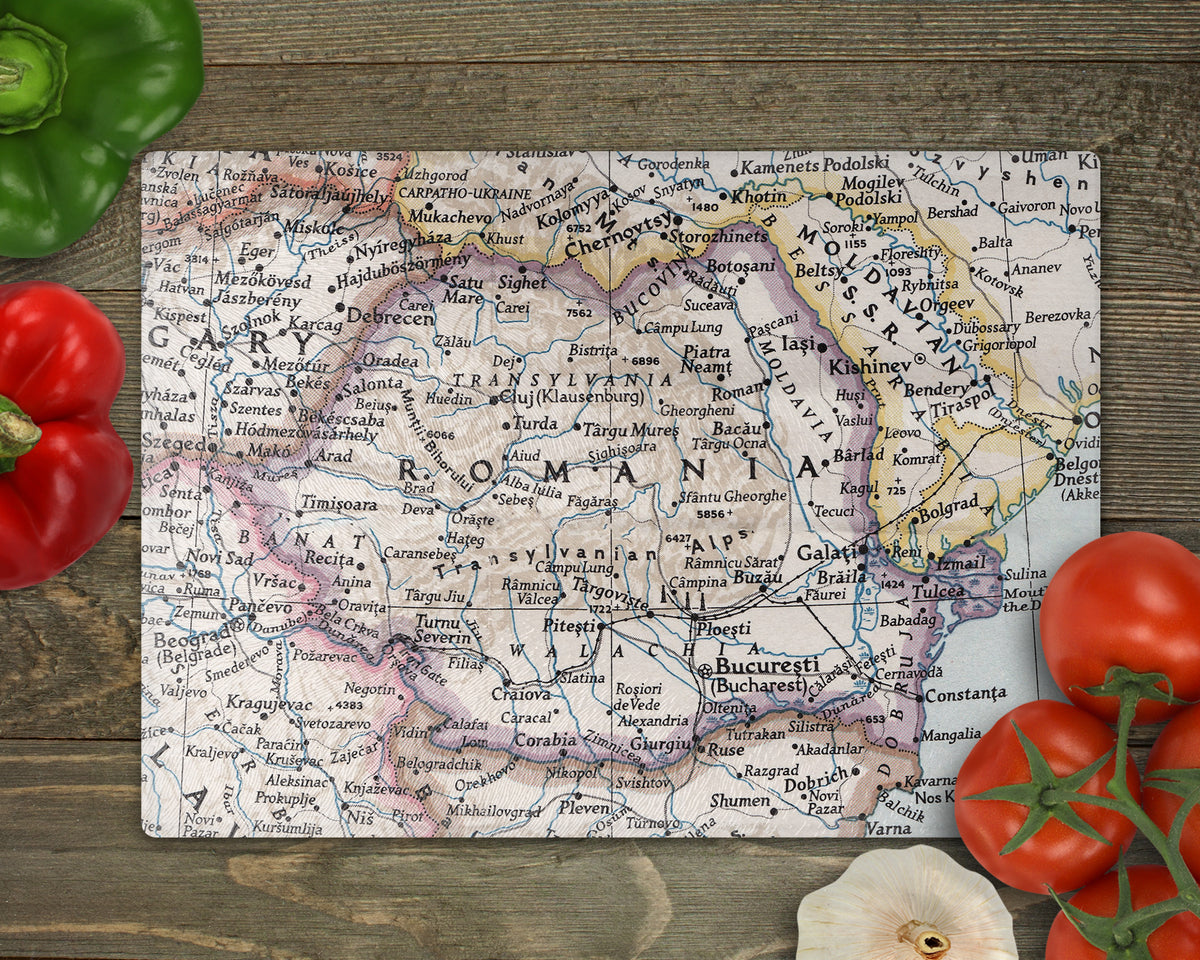 Romania Vintage Map Glass Cutting Board | Travel Gift